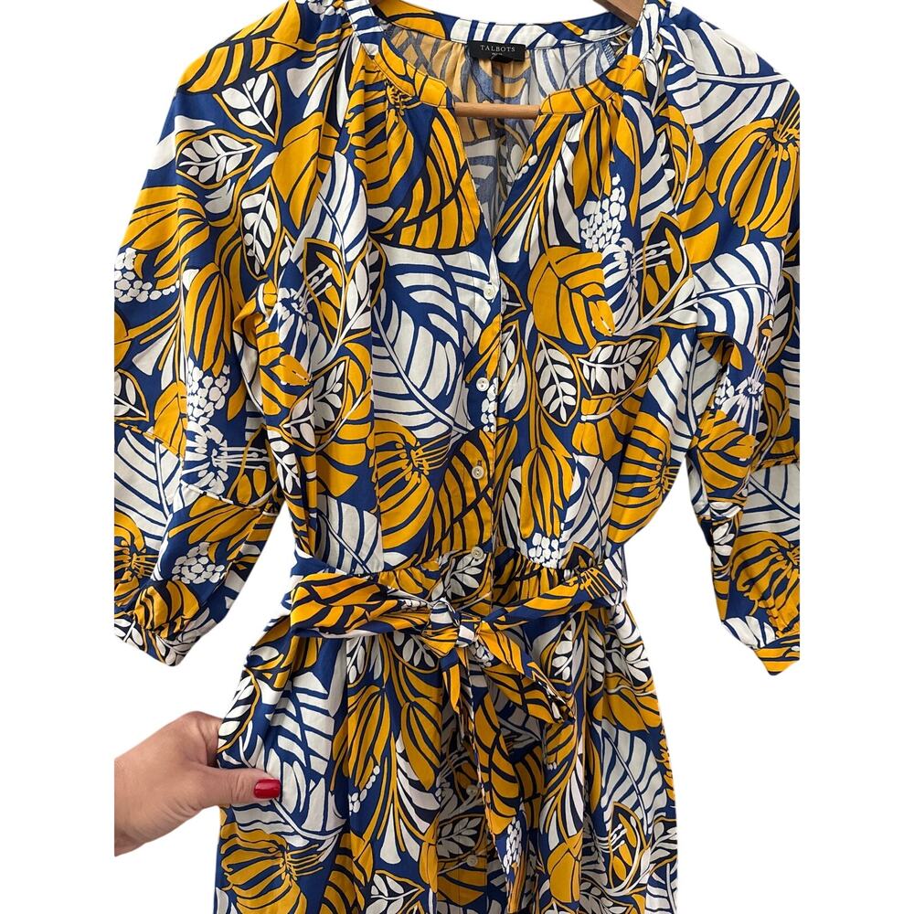 Talbots Poplin Belted Midi Shirtdress Colorblock Leaves Pockets Size 6 Petite - Picture 9 of 12